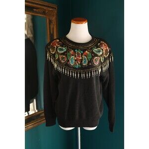 Vintagen80s 90s  Trimmings Beaded Fringe Sweater Black Sequin Maximalist Small